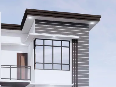 Architect’s perspective of a two-storey house with a balcony and slatted gate
